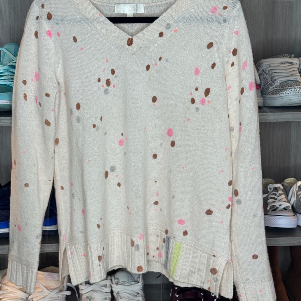 LT fine cashmere S sweater white with brown and pink dots